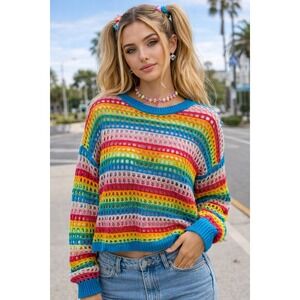 Pink Lily Rainbow Striped Open Knit Crochet Sweater Womens Small Pride Boho Mesh
